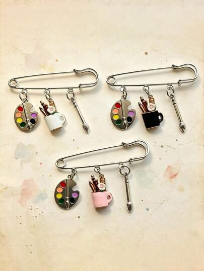  1pcArtist Paint Palette Brush Safety Pin Brooch Art Student Bag Charm