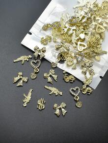 20pcs/Pack 3D Gold Nail Art Decorations - Heart, Bow, Gun And Dollar Sign Rhinestone Nail Decor, Suitable For Nails/Toes, Perfect For Parties, Weddings And Proms, Long-Lasting Shine. - Multicolor - View 2
