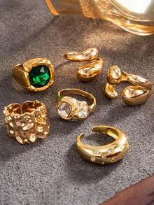 6 piezas/Set Anillos abiertos geométricos vintage, Anillos apilables personalizados con gemas plisadas, Estilo para mujer - Multicolor - Ver 6