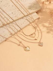 4pcs/Set Ins Minimalist Style Heart Pendant Layered Necklaces, Fashion Versatile Women's Neck Jewelry Suitable For Daily Wear, Dating And Vacation - Multicolor - View 3