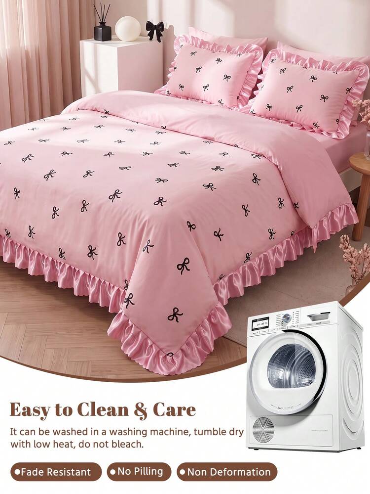 2/3pcs Satin Ruffle Duvet Cover Set, Dorm Bedding, Pink Bow Bedding Set, Cozy Room Decor, Skin-Friendly Breathable, Ultra Soft Anti-Pilling, No Duvet Insert Included, Suitable For Twin/Full/Queen/King Size Beds, All Season, Machine Washable, Back To School - Multicolor - View 4
