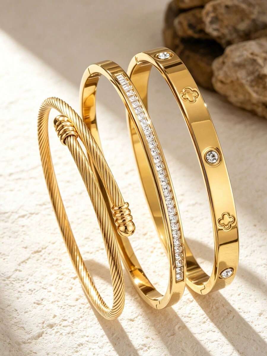1 Set Elegant Style Stainless Steel Women's Bracelet With Four-Leaf Clover/Geometric Glass Inlay Design, Suitable For Daily Wear - Yellow Gold - View 1