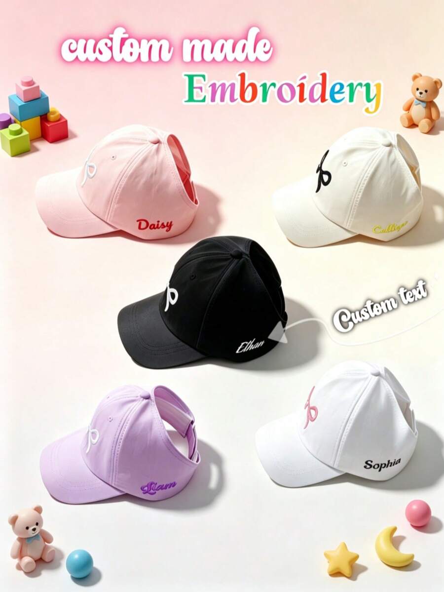 1pc Personalized Custom Spring/Summer Hollow Top Baseball Cap With Heart Bow, Duck Bill Cap, Tie-Up High Ponytail Hat, Fashionable Multi-Functional Thin Breathable Hat For Girls, Suitable For Daily Wear, Travel, Outdoor Sports, Beach And Hiking, Customizable Embroidered Name/Letter - Multicolor - View 1