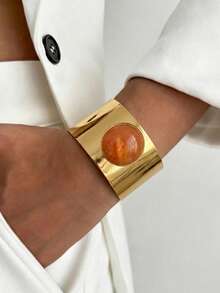 1 pieza Brazalete ancho ajustable de resina con efecto tie-dye, microincrustaciones de gemas falsas, acabado metálico brillante, estilo exagerado y personalizado, para mujer, uso diario, vacaciones y fiesta - Rosa - Ver 1