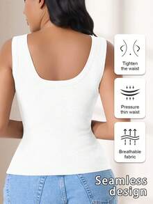 CELILIN Camiseta de tirantes anchos sin tensión, cuello cuadrado, cintura acanalada con relleno incorporado, capa base versátil y estilizada - Blanco - Ver 3