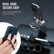 1pc Triple Ring Finger Grip & 360° Rotating Phone Holder, Dual Ring Foldable Phone Stand, Slouchy Desktop Clamp Bracket - Multicolor - View 10