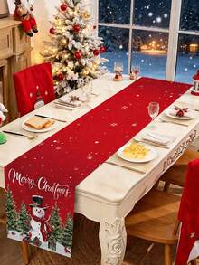 1pc Christmas Snowman Table Runner, Merry Christmas Tablecloth Table Cover, Christmas Party Supplies, Christmas Table Centerpiece Decoration, Christmas Decoration, Christmas Party Decoration, Christmas Room Decoration, Christmas Table Decoration, Home Decor, Kitchen Decor, Autumn Decor, Winter Decor, Christmas Eve Decoration, 2027 New Year Decoration, Halloween, Perfect Choice For Christmas Decoration And Christmas Ornaments. - Snowman Christmas Tree On Both Sides - View 2