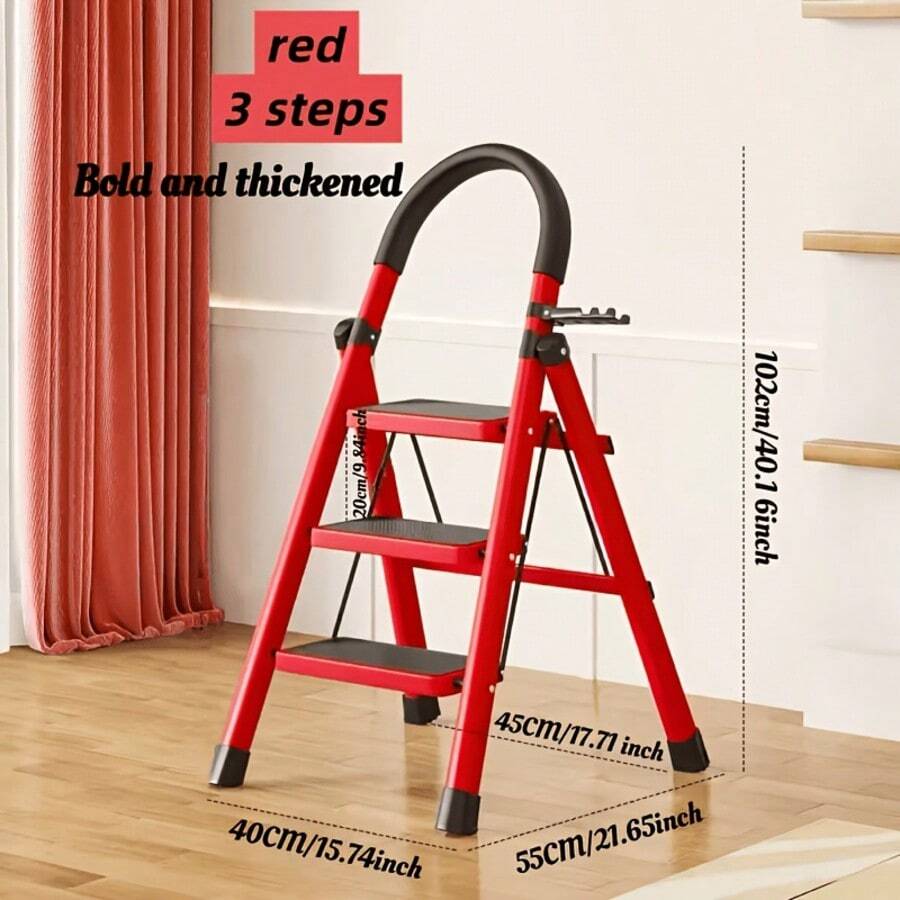 Durable 4-Step Metal Folding Ladder With Non-Slip Treads Lightweight, Portable, And Rated For 330 Lbs; Ideal For Home, Office, And Industrial Use - Red 3-tier - View 1