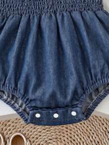 Infant Girls Denim Romper With Solid Color Bow Headband, Ruched Sleeveless Strap Jumpsuit, Summer Newborn Baby Doll Outfit - Medium Wash - View 7