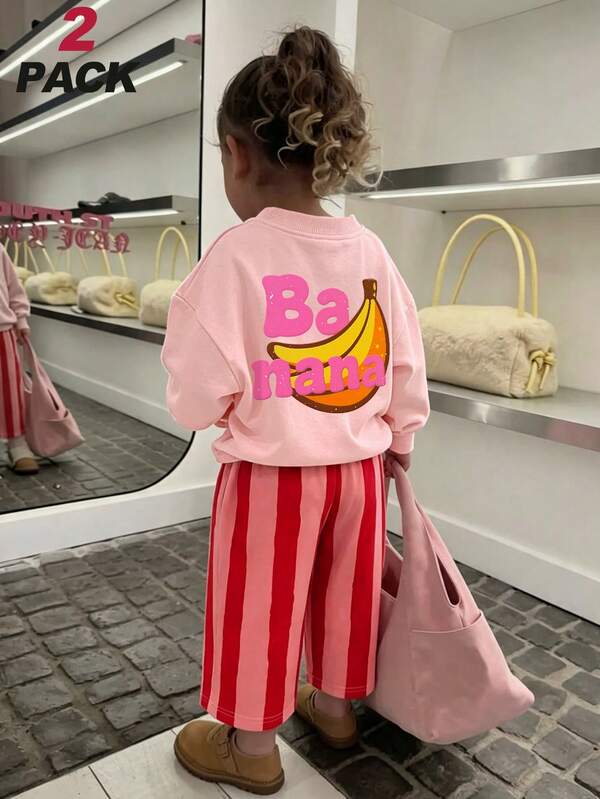 2pcs/Set Cute Fruit Toddler Girls Outfit, Cartoon Banana Print Sweatshirt + Striped Ankle Wide Leg Pants, Soft Spring Daily Wear
