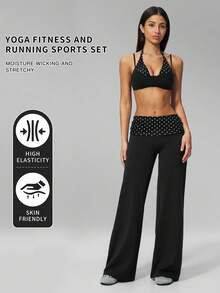 MFVIM Women's 2-Piece Yoga Set, Vintage 2 In 1 Camisole / Folded High Waist Slimming Wide Leg Pants Anti-Exposure - Black With White Polka Dots - View 2