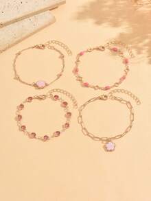 4pcs/Set Elegant Exquisite Pink Rhinestone Enamel Bracelet Set, Fashion Five-Petal Flower Decor Women's Hand Jewelry, Suitable For Daily Wear, Dating, Vacation And Party - Multicolor - View 2