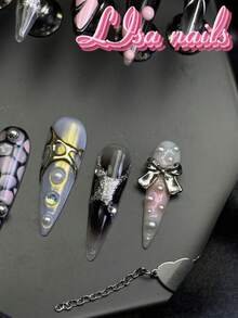 10pcs Handmade Fully Covered Stiletto Nails Press On Nails,Black Fake Nails,Glossy Minimalist Y2K Cool Harajuku Reusable,With Jelly Glue&Nail File,Suitable For Daily Festival Party Cosplay,Girly Wild Animal Print Edgy Cute Retro Manicure Gift - Black - View 6