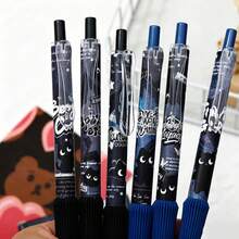 6pcs Cute Black Cat Denim Pattern Retractable Neutral Pens, Quick-Dry Ink Comfortable Grip, Highly Attractive Student Exam Study Practice Black Pens, Portable Smooth Writing Stationery Ballpoint Pens, Suitable For School Office Daily Use - Sets - View 3