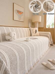 1 Stück Chenille Jacquard vertikale Streifen Fischgrätmuster Sofa Überwurf Decke, moderner minimalistischer Stil, exquisite Quastenverzierung, haustierfreundlich kratzfest, langanhaltend reißfest maschinenwaschbar, staubdicht Sofabezug, Ganzjahres-Sofaüberwurf, geeignet für Schlafzimmer, Wohnzimmer, Außenbereich, 1-4 Personen gerade oder L-förmige Sofas, Boho, Sofabezug, Couchbezug - Khaki - Übersicht 2