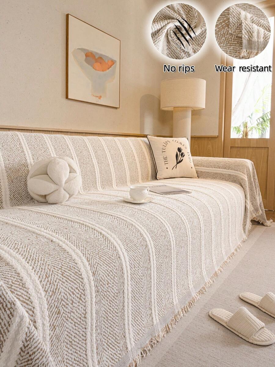 1 Stück Chenille Jacquard vertikale Streifen Fischgrätmuster Sofa Überwurf Decke, moderner minimalistischer Stil, exquisite Quastenverzierung, haustierfreundlich kratzfest, langanhaltend reißfest maschinenwaschbar, staubdicht Sofabezug, Ganzjahres-Sofaüberwurf, geeignet für Schlafzimmer, Wohnzimmer, Außenbereich, 1-4 Personen gerade oder L-förmige Sofas, Boho, Sofabezug, Couchbezug