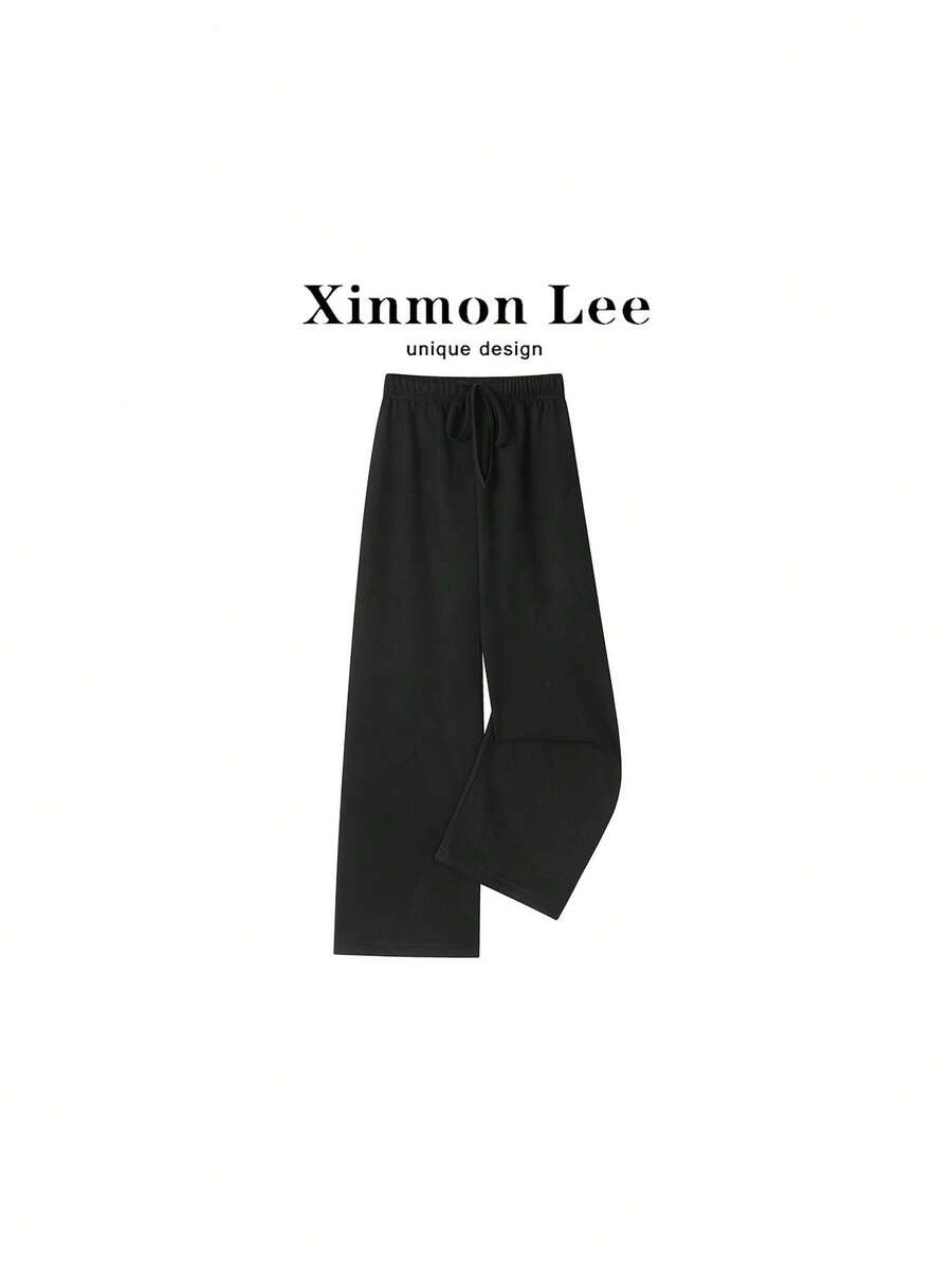 Minimalist Casual Versatile Loose Straight Leg Drape High Waist Wide Leg Pants With Drawstring Long Pants For College Office Daily Home Wear Autumn Winter - Black - View 1