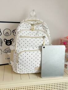 3pcs White Nylon Polka Dot Letter Patch Multi-Pocket School Backpack Set, Large Capacity College Student Bag, Crossbody Bag, Pencil Case, Travel Bag - White - View 6