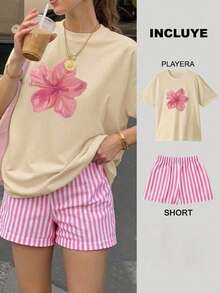 Women Two-Piece Outfits - 2 Beige T-shirt With Pink and White Striped Shorts - View 1