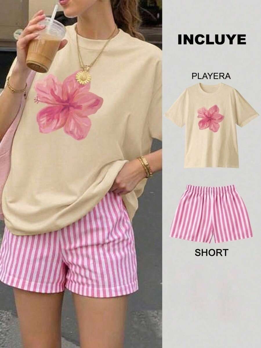 Women Two-Piece Outfits - 2 Beige T-shirt With Pink and White Striped Shorts - View 1