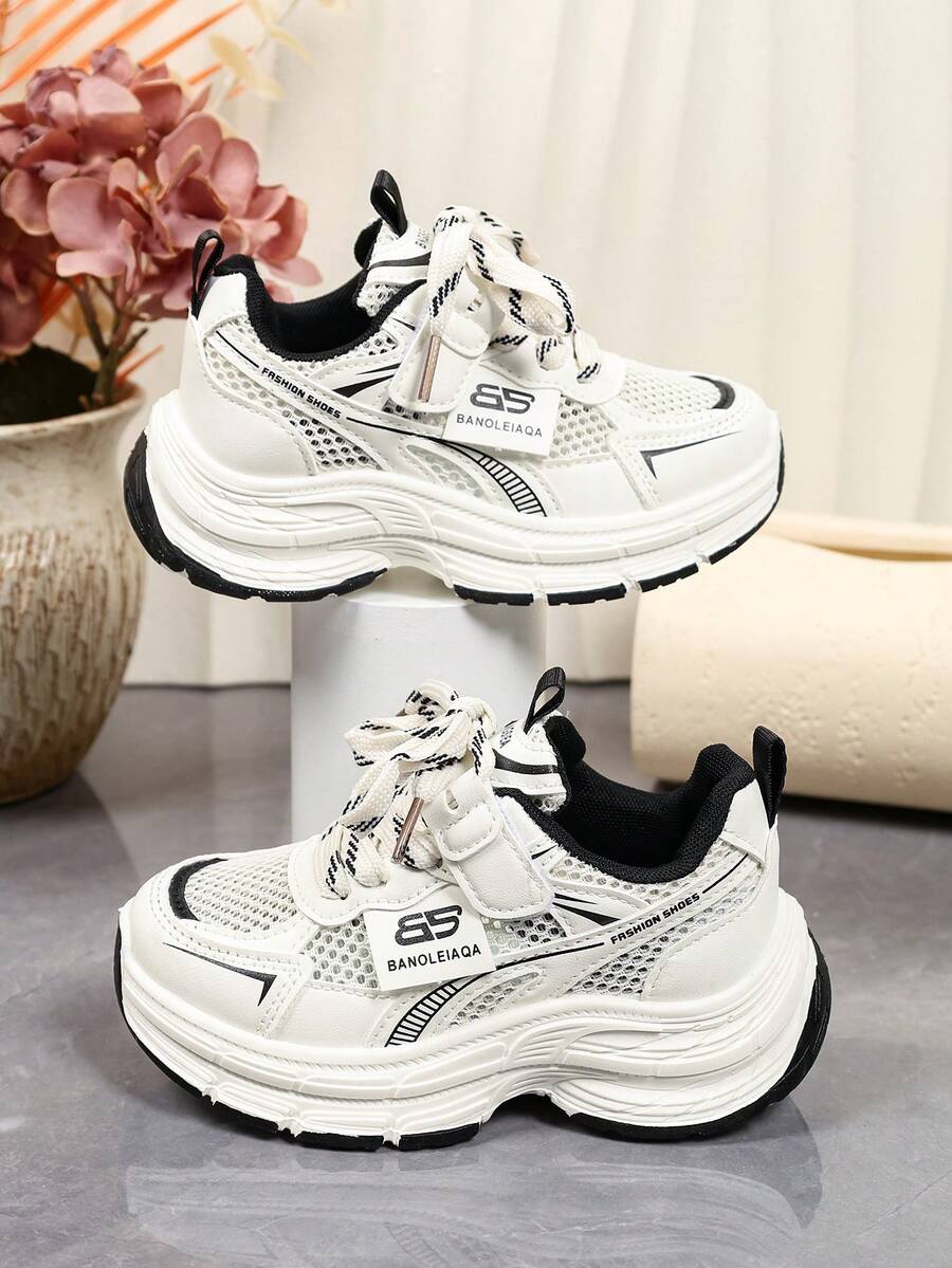 1 Pair White Mesh Breathable Chunky Sneakers For Young Students, Black Patchwork Fabric Thick Sole Height-Increasing Casual Sports Shoes, Non-Slip Lace-Up And Hook-And-Loop Closure, Suitable For Daily Casual, Outdoor Training, Travel, Vacation, Home, Party, Summer And Autumn New Style - Black and White - View 1