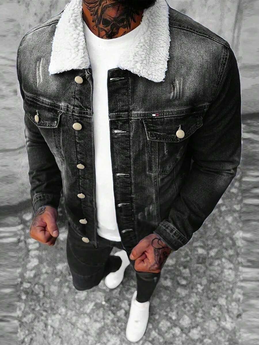 Men's American Vintage Long Sleeve Denim Jacket, Autumn Style - Black - View 1