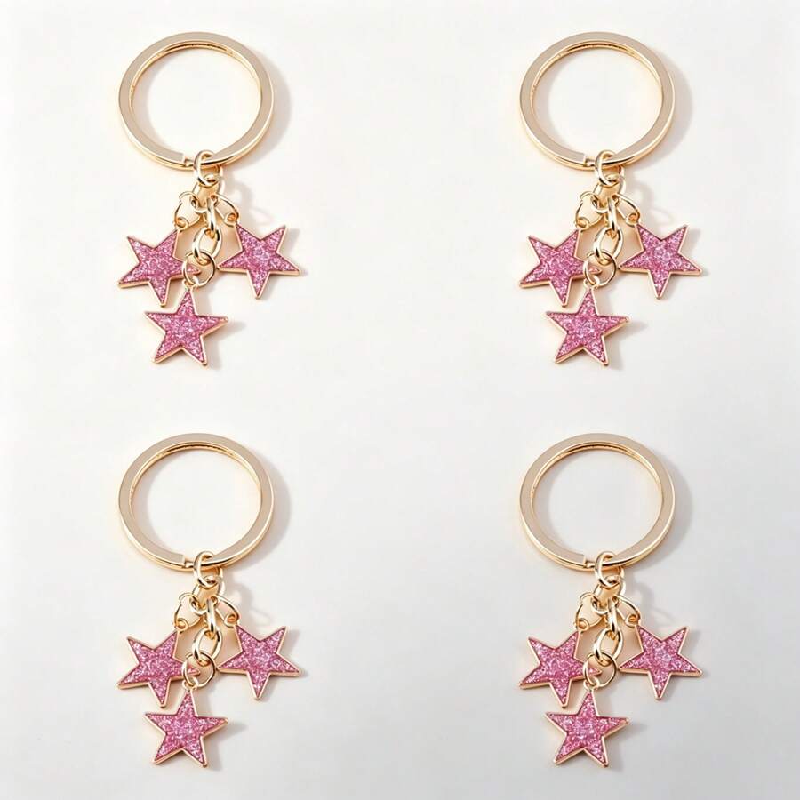 1套4件女款亮面合金五角星吊墜,閃亮星星可愛飾品,派對閨蜜禮物,包包掛飾 - 粉色 - 查看 1