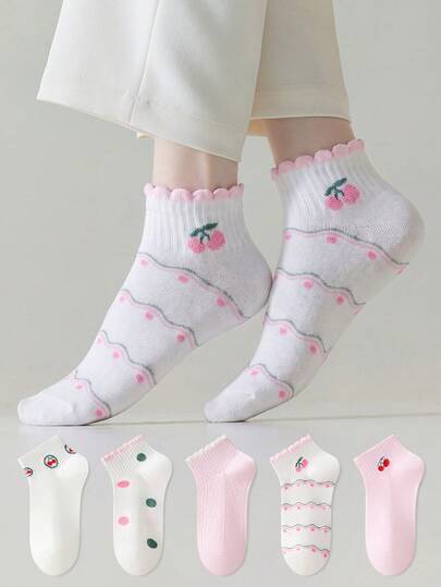 ZUJO 5 Pairs Women's Short Socks, Cherry Pattern Lace Sweet Pink, Simple And Comfortable, Suitable For All Seasons
