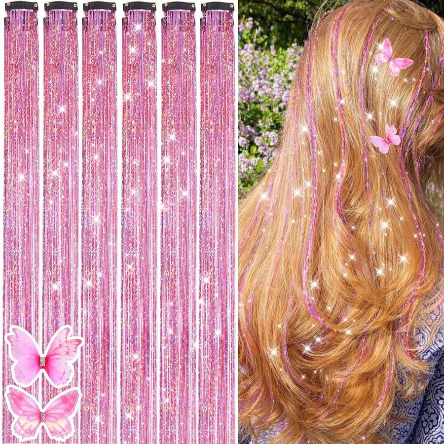 12-20-Piece Set 24-Inch Clip-In Synthetic Straight Hair Extensions, Fashionable Glittery Heat-Resistant Fairy Hair Clips - Multicolor - View 1