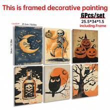1/6 pezzi Arte da parete vintage di Ognissanti, Decorazione per la casa, Stampe d'arte da parete, Luna, Zucca, Gufo, cartellone decorativi per la camera dei bambini, Regali di Ognissanti, Arte da parete - Multicolore - Visualizzare 18