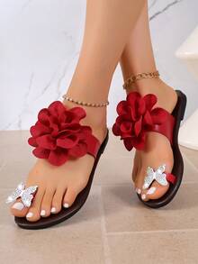 Women's 3D Flower Toe-Post Sandals, Flat Sandals With Rhinestone Butterfly Pattern, Summer Vacation Beach Casual Flip-Flops - Red - View 5