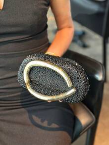 Elegante e alla moda borsa a mano in finta pelle, borsa a spalla minimalista vintage di colore unito, adatta per abbinare con abiti per feste e matrimoni - nero - Visualizzare 3