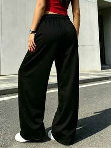 Autumn/Winter New Casual Versatile High Waist Elastic Waist Loose Wide Leg Sweatpants, Suitable For All Seasons Daily Wear, Gym Black Sports Fall - Black - View 4