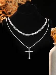 Layered Rhinestone Tennis Cuban Chain Cross Pendant Set, Unisex Shiny Hip Hop Accessory, Suitable For Daily Wear And Nightclub Parties - Silver - View 2