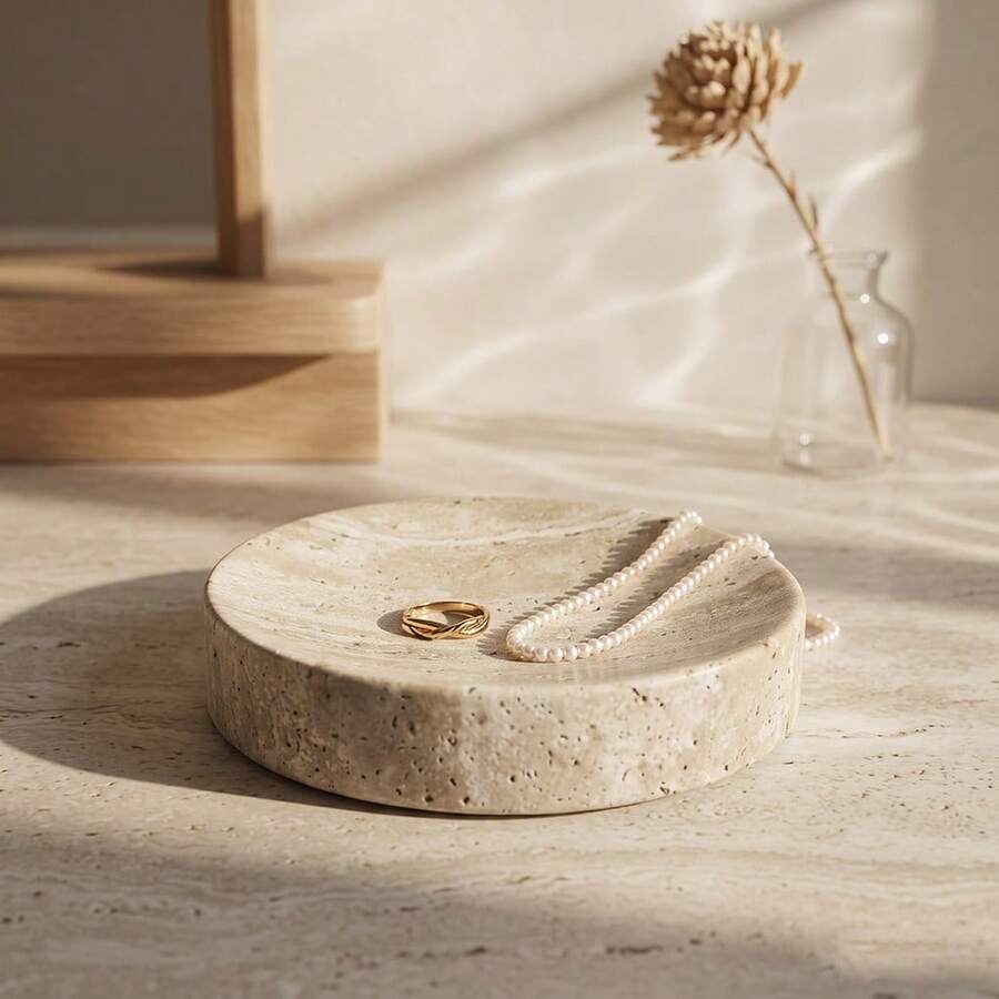 Wabi-Sabi Style Natural Marble Jewelry Tray, Nordic Style Non-Slip Vanity Storage Organizer - Beige - View 1