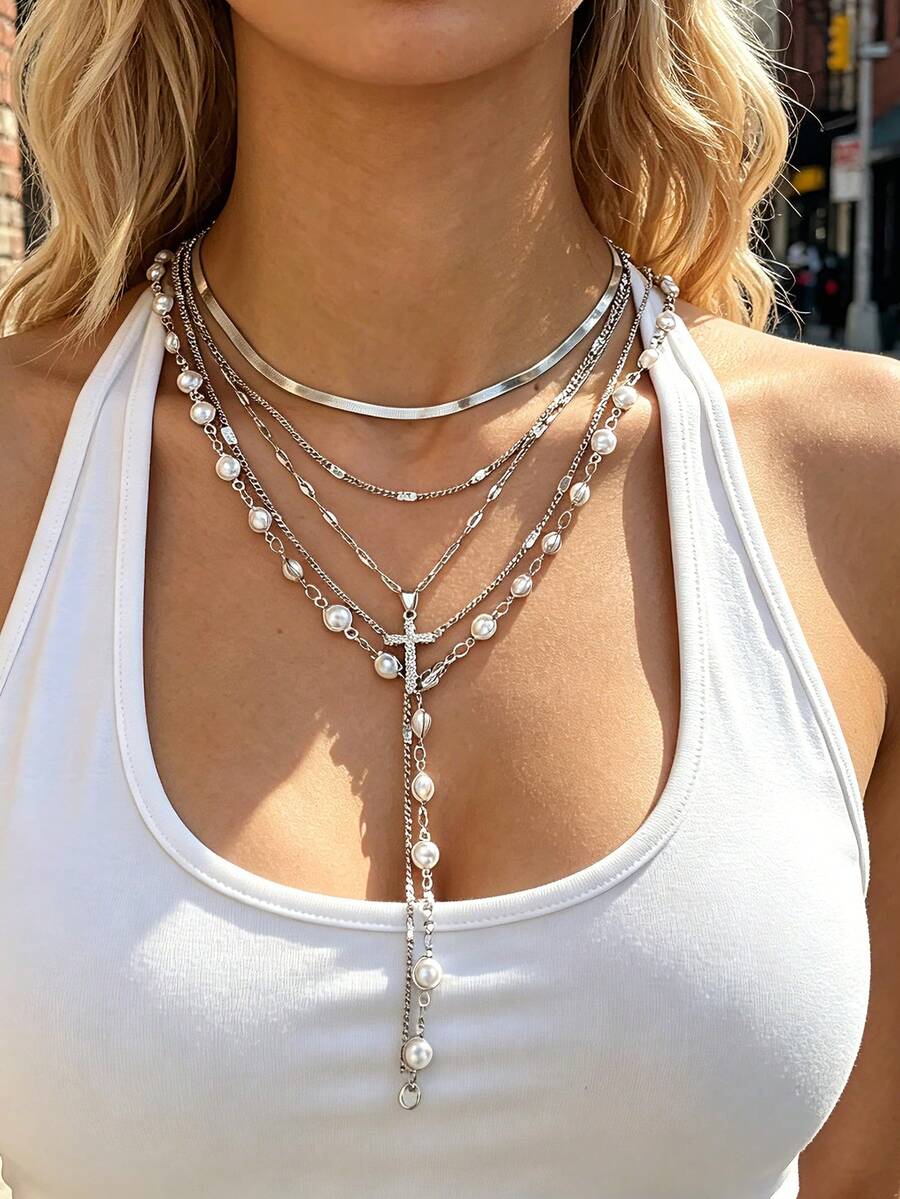 Set Kalung Perak Berlapis Mutiara Salib Berlian Imitasi Bentuk Y Gaya Kasual Keren 5pcs/Set, Cocok untuk Perjalanan Sehari-hari dan Liburan Wanita, Hadiah - Perak - View 1