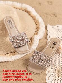 Summer Girls Rhinestone & Pearl Decor Beach Sandals, Fashionable Open Toe Flat Princess Slides, Suitable For Students And Outdoor Wear (Handmade Rhinestone Placement Slightly Uneven, Random Sole Color) - Champagne - View 3