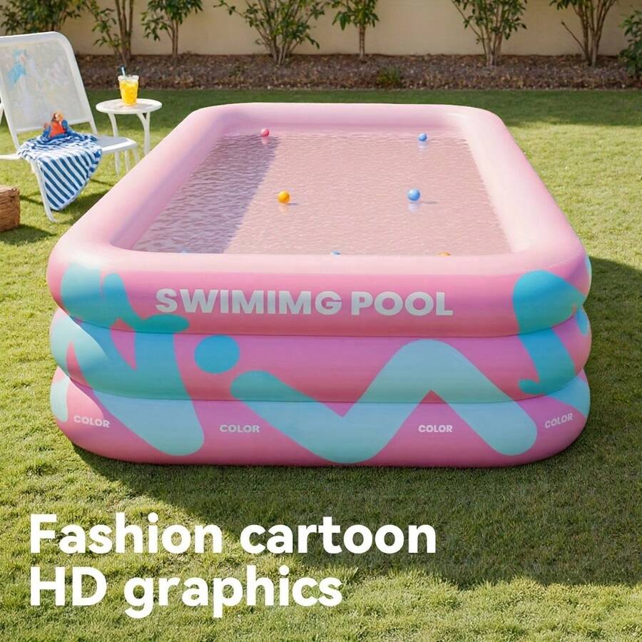 Piscina inflable con rayas brillantes y tobogán, piscina inflable extra grande para adultos y familia, equipo de juego de agua al aire libre, adecuado para diversión de verano en el jardín, piscina rectangular de PVC, multi-componente, sin necesidad de electricidad - A - Ver 1
