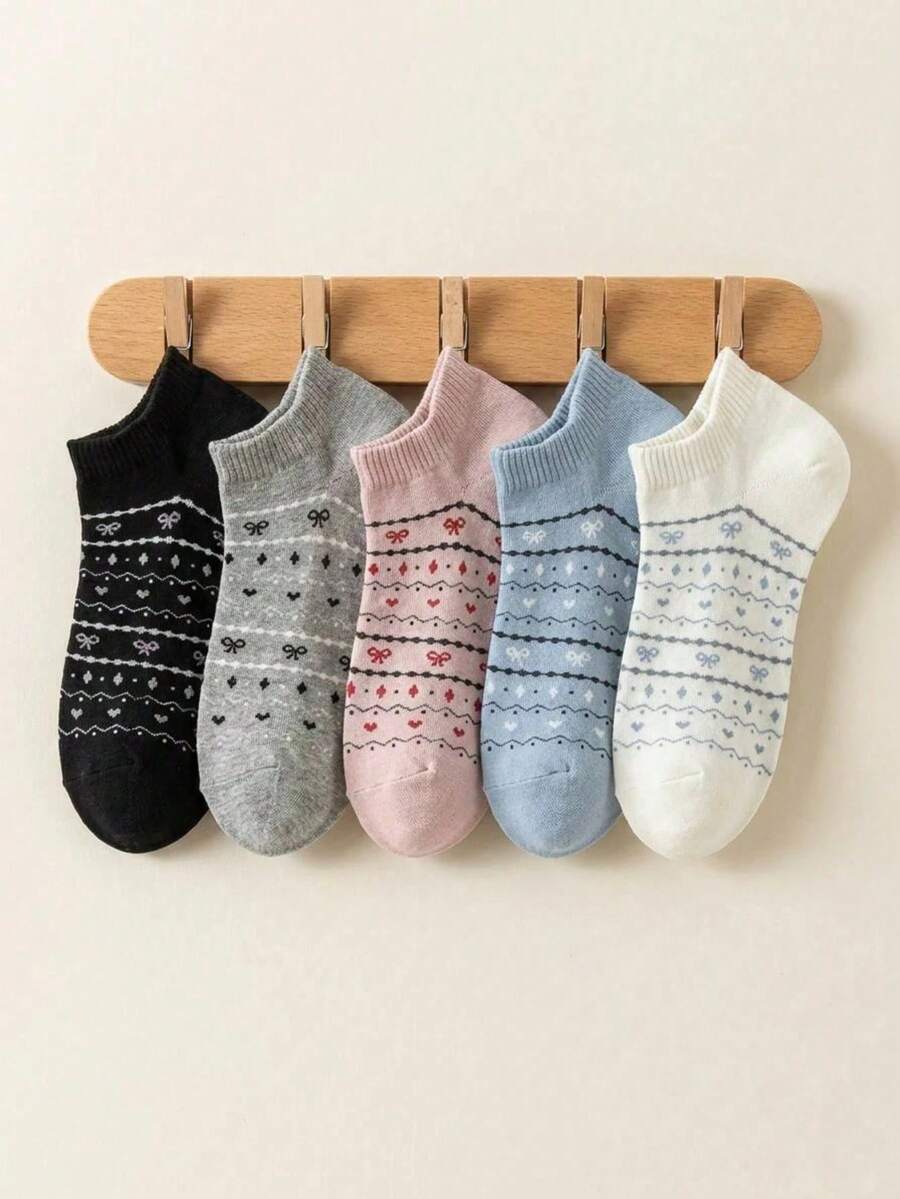 5 Pairs Popular Floral Vintage Bow Short Socks - Multicolor - View 1