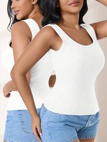 CELILIN Camiseta de tirantes anchos sin tensión, cuello cuadrado, cintura acanalada con relleno incorporado, capa base versátil y estilizada - Blanco - Ver 5