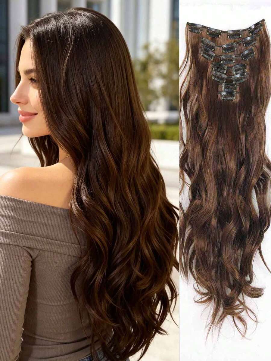 18-30 Inch Long Wavy Clip-In Hair Extensions, 7pcs/Set, Thick Hair Pieces, Invisible Clips Design, Soft Synthetic Fiber, Black, For Women