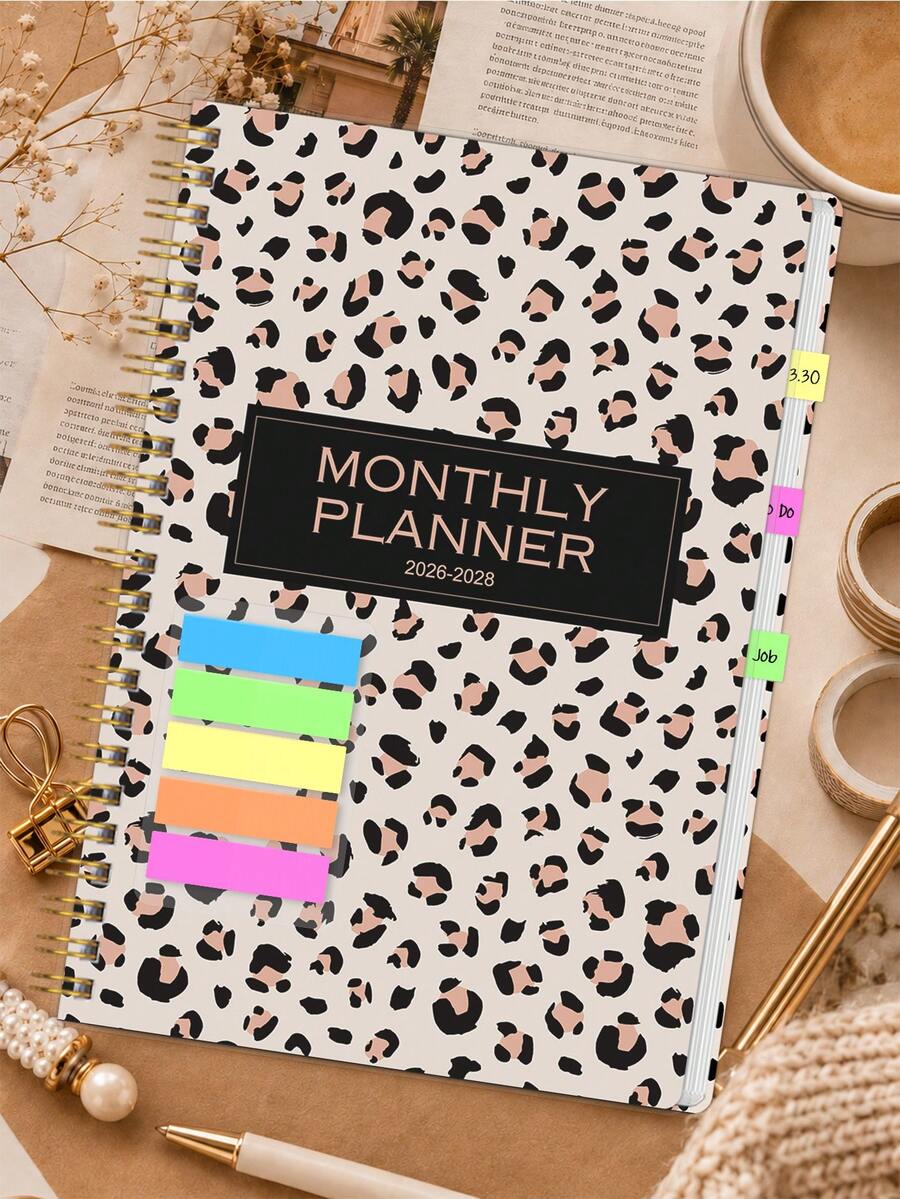 Planejador Mensal 2026-2028 para Mulheres, 1 Peça Caderno Planejador Mensal e Semanal com Estampa de Leopardo com Grandes Espaços para Escrita para Trabalho, Casa, Compromissos, Eventos e Agendas Diárias Ocupadas, Acessórios de Mesa de Escritório, Presentes de Halloween - 1 Set - Visão 1