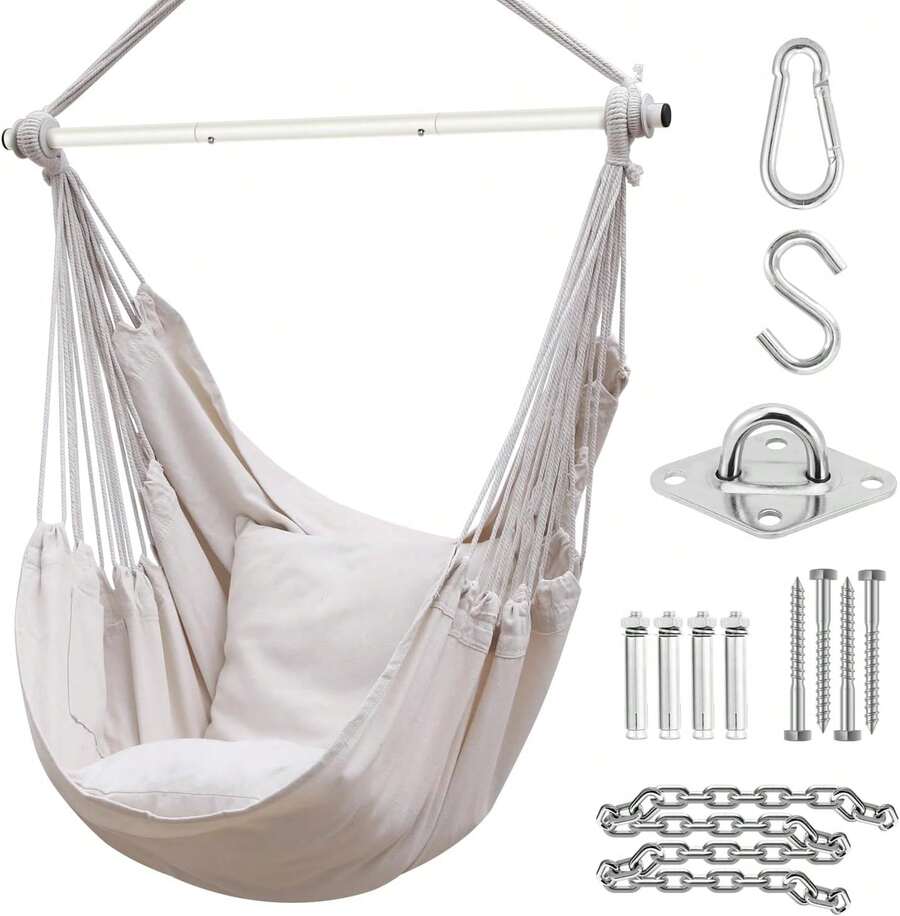 Ohuhu XL Hängesessel, Hängesessel bis 150 kg - Gartenhängesessel für Erwachsene undädchen, für drinnen und draußen, für Garten, Balkon, Schlafzimmer (Cremeweiß) YVIL - Cremeweiß - Übersicht 1