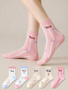 ZUJO 5 Pairs Women's Mid-Calf Socks, Star Bow Polka Dot Cartoon Puppy Pattern Short Socks, Simple And Comfortable, Suitable For Spring Autumn Winter Sports Wear - Multicolor - View 4