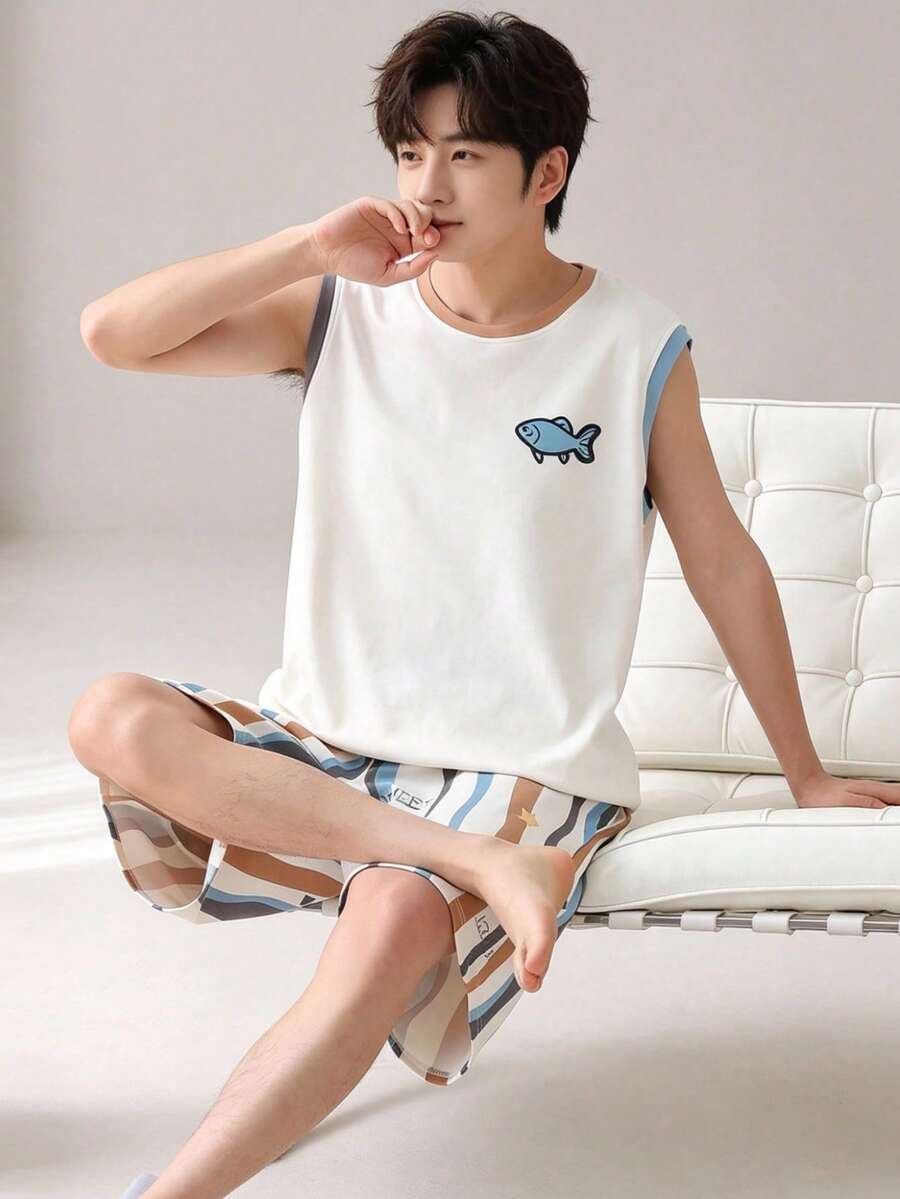 AICJ 2pcs Men Solid Color Casual Loose Basic Crew Neck Vest Top And Striped Shorts Pajama Set, Suitable For Spring And Summer Loungewear - Multicolor - View 1