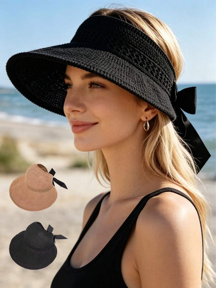 1件女款平帽簷時尚蝴蝶結遮陽帽,適合夏季戶外旅行與購物,女款遮陽帽,徒步用防曬帽 - 多色 - 查看 1