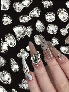 12 pièces Mélange de cadres argentés de luxe avec diamants transparents, strass pour nail art, ovale/carré gras/cœur/papillon, décoration de cristal pour ongles, gemme pour ongles DIY 10mm - Transparent - Voir 5