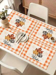 1pc Thanksgiving Series Maple Leaf Plaid Pattern Printed Table Runner, 4pcs Maple Leaf Pattern Printed Placemats, Suitable For Holiday, Party, Birthday, Dinner, Kitchen Dining Table Decoration, All-Season Room Decor, Home Textile Decoration Table Runner - Multicolor - View 12