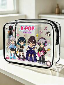 1pc K-Pop Idol Themed PVC Makeup Bag, Zipper Sealed PVC Travel Organizer Bag, Printed With K-Pop Logo Korean Pop Culture Design, Lightweight And Sun-Resistant Women's And Girls' Makeup And Toiletry Bag, Portable Makeup Box, Easy To Wipe Clean Design, Tech-Inspired Organizer | Modern Aesthetic | Fade-Resistant Material, Travel Essential, Vacation, Summer, Back To School, School Supplies Bag, Toiletry Bag, Waterproof Travel Makeup Bag - Multicolor - View 3
