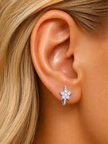 AnlaScheer 1pc 925 Sterling Silver Five-Point Star Moissanite Ear Cartilage Hoop 18K Gold Plated Women's Daily Wear Party Anniversary Valentine's Day Wedding Bridal Jewelry - Silver - View 3